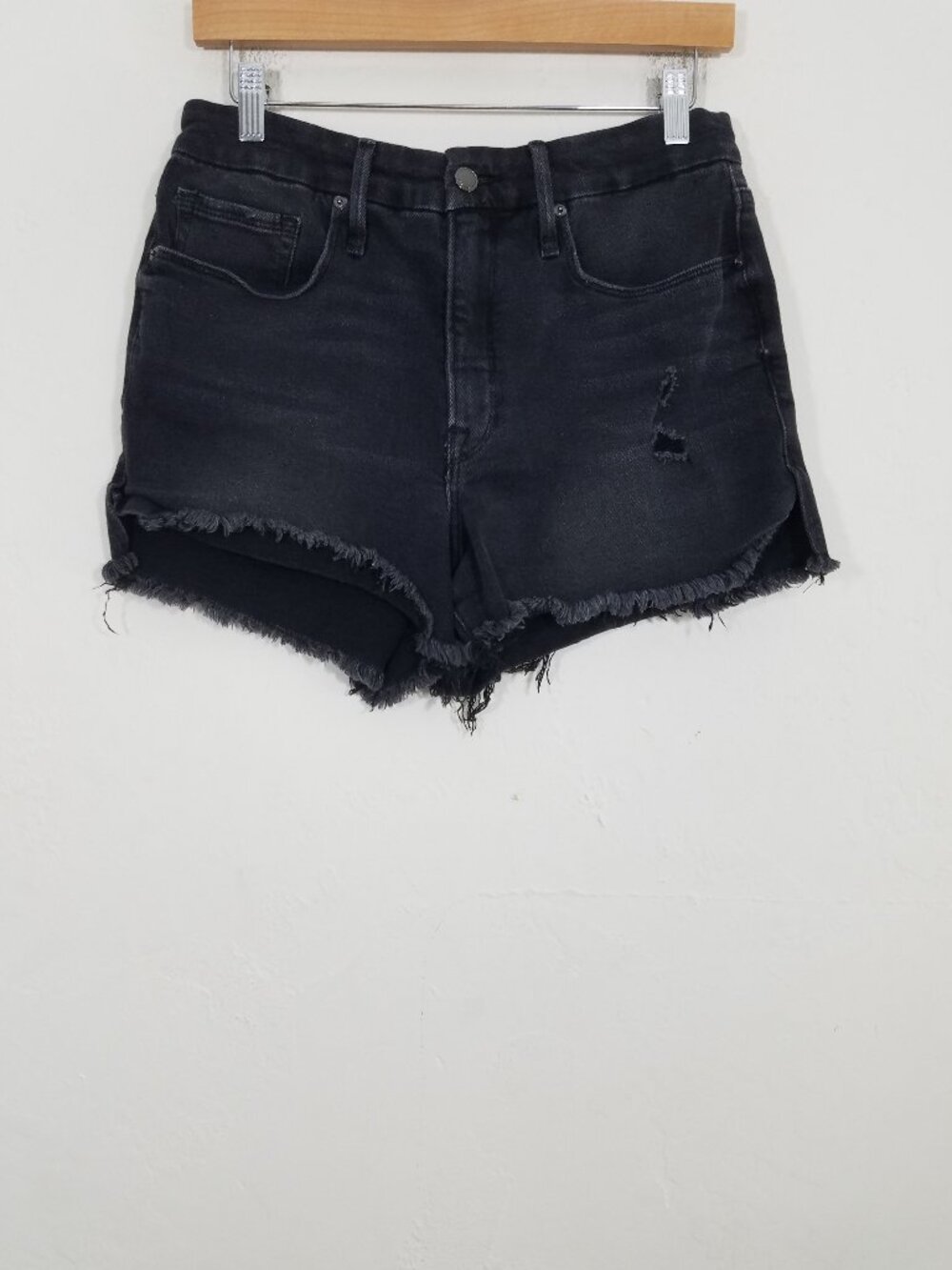 Good American High Waist Raw Hem Distressed Jean Shorts Black Stretch Size 10/30